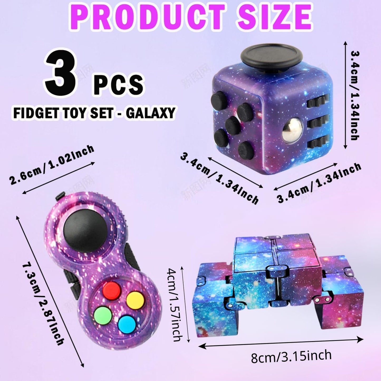 Cuackamily 3-Piece Fidget Toy Set - Galaxy Fidget Cube, Pad, Infinity Cube - Stress & Anxiety Relief for ADHD, ADD, Autism, Adults & Kids