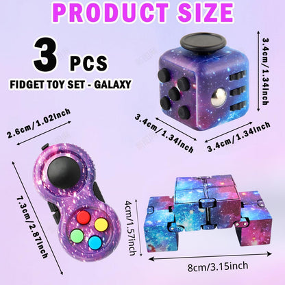 Cuackamily 3-Piece Fidget Toy Set - Galaxy Fidget Cube, Pad, Infinity Cube - Stress & Anxiety Relief for ADHD, ADD, Autism, Adults & Kids