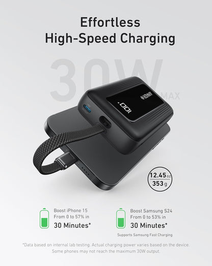 Anker Zolo Power Bank(2025 Upgrade), 20,000mAh 30W High-Speed Portable Charger with Built-In USB-C Cable, Battery Pack For iPhone 17/17 Air/17 Pro/17 Pro Max/16/15 Series, Galaxy, and More