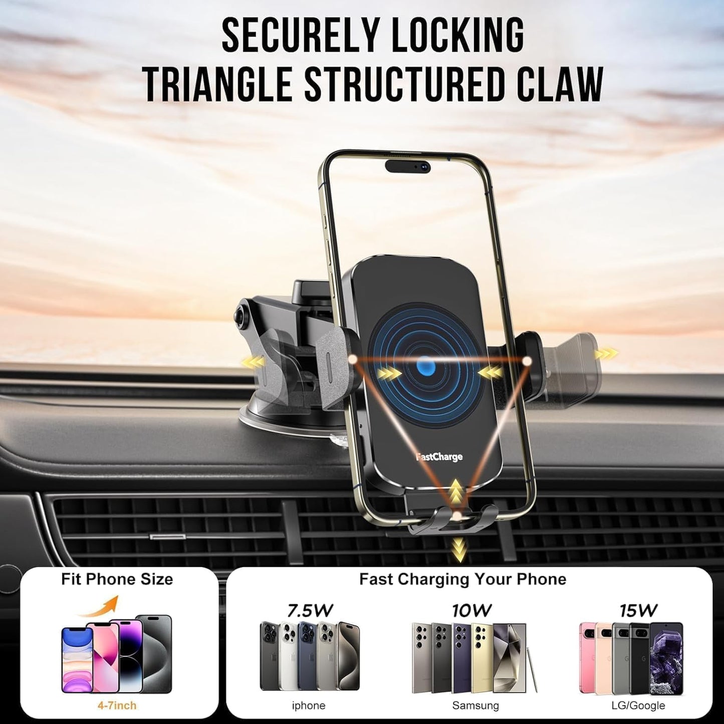 Wireless Car Charger, Fast Charging 15W Auto Clamping Car Charger Phone Holder Phone Mount for iPhone17 16 15 14 13 12 11 Pro Max Xs, Samsung Galaxy S24 Ultra S23 S22 S21 S20 S10+ Note 9, etc