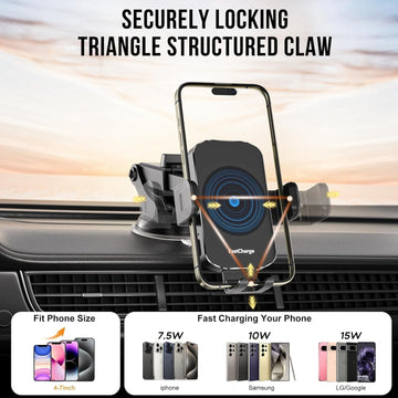 Wireless Car Charger, Fast Charging 15W Auto Clamping Car Charger Phone Holder Phone Mount for iPhone17 16 15 14 13 12 11 Pro Max Xs, Samsung Galaxy S24 Ultra S23 S22 S21 S20 S10+ Note 9, etc