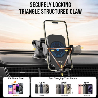 Wireless Car Charger, Fast Charging 15W Auto Clamping Car Charger Phone Holder Phone Mount for iPhone17 16 15 14 13 12 11 Pro Max Xs, Samsung Galaxy S24 Ultra S23 S22 S21 S20 S10+ Note 9, etc
