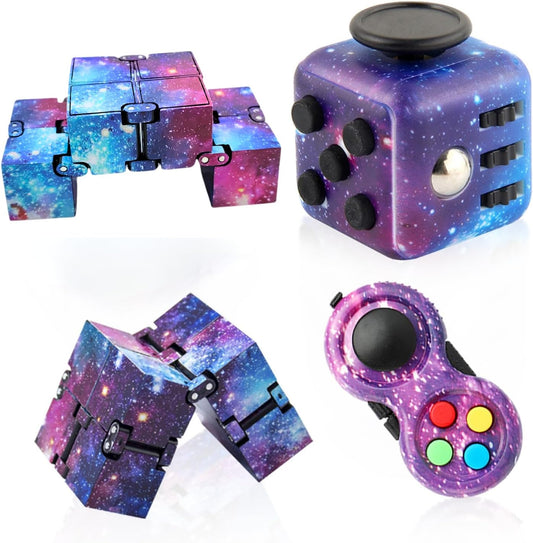 Cuackamily 3-Piece Fidget Toy Set - Galaxy Fidget Cube, Pad, Infinity Cube - Stress & Anxiety Relief for ADHD, ADD, Autism, Adults & Kids