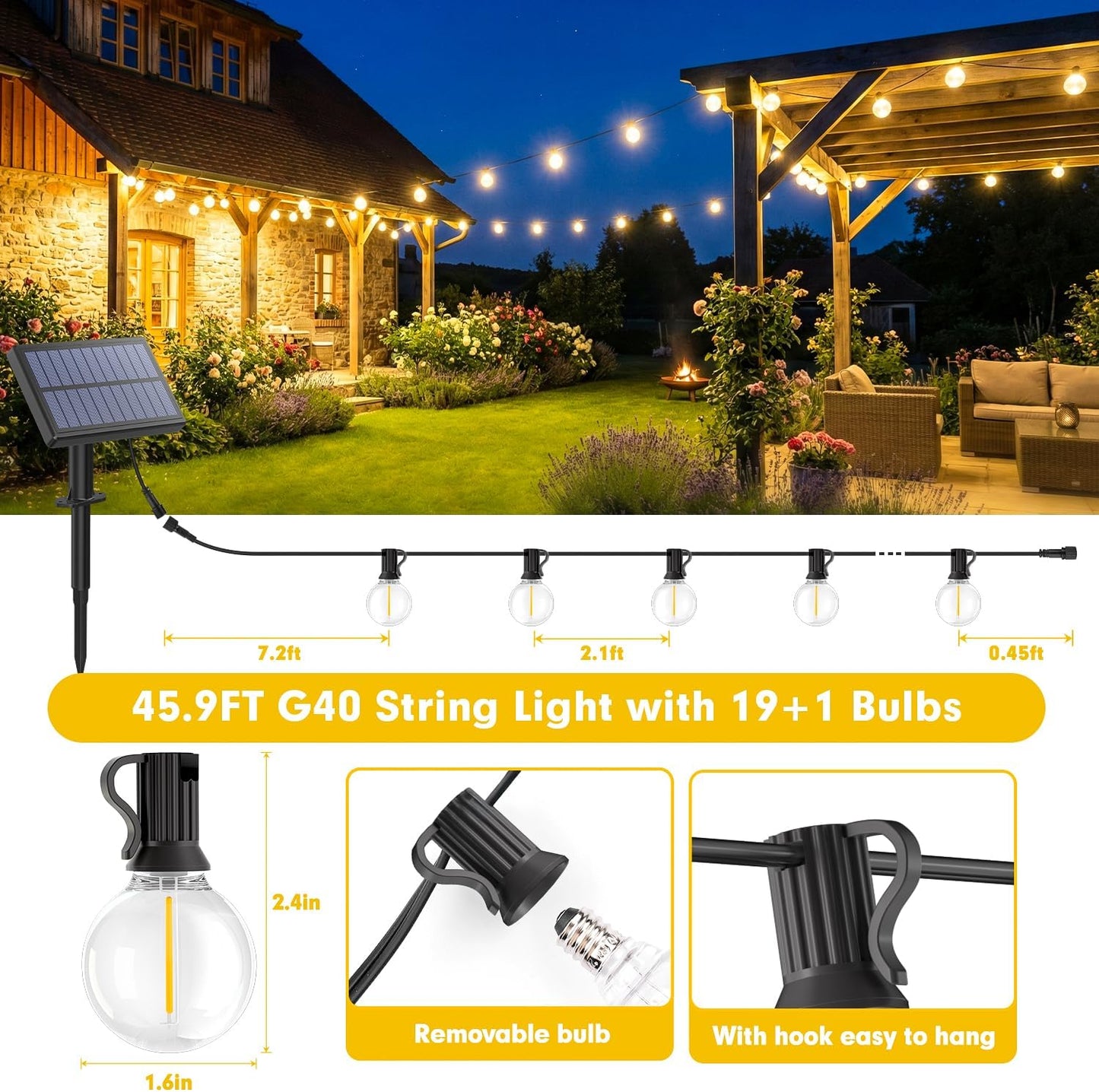 Warlisou Solar-String-Lights-Outdoor-Garden - G40 45.9ft String Lights Outdoor Festoon - Remote Control 14M Garden Light Outside Solar Powered Waterproof Led - Patio Party Gazebo Weding [Energy Class A]