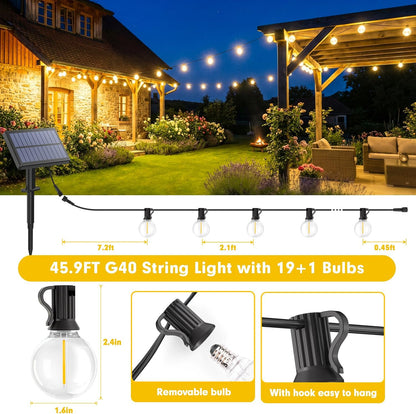 Warlisou Solar-String-Lights-Outdoor-Garden - G40 45.9ft String Lights Outdoor Festoon - Remote Control 14M Garden Light Outside Solar Powered Waterproof Led - Patio Party Gazebo Weding [Energy Class A]