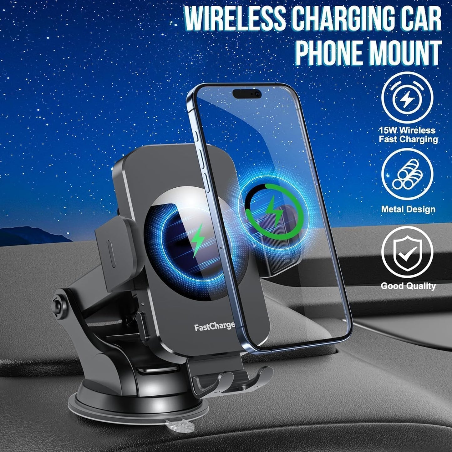 Wireless Car Charger, Fast Charging 15W Auto Clamping Car Charger Phone Holder Phone Mount for iPhone17 16 15 14 13 12 11 Pro Max Xs, Samsung Galaxy S24 Ultra S23 S22 S21 S20 S10+ Note 9, etc